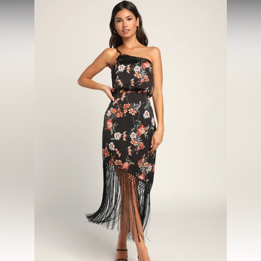Let's Be Fringe Black Floral Print Satin One-Shoulder Midi Dress Sz M